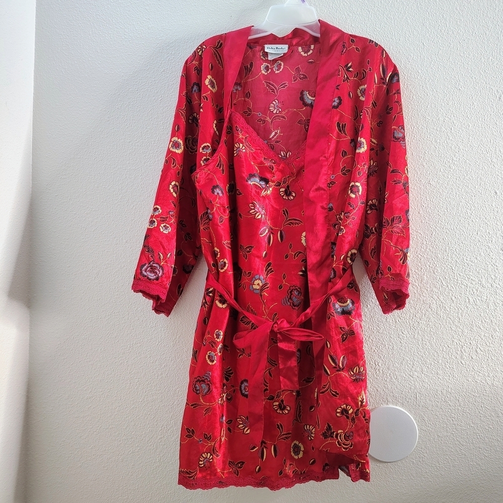 Delta Burke Red Floral Satin Robe & Slip Set Lace Trim (XL Estimate)